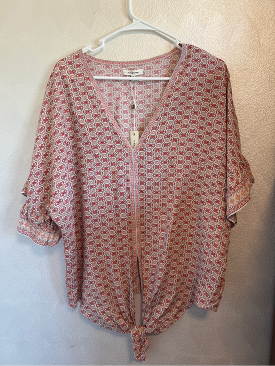 Max Studio Tops - Max Studio Pink and White Printed Tie-Front V-Neck Blouse